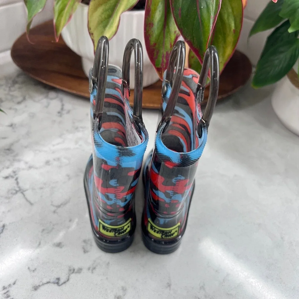 Western Chief Kids Beach Camo Lighted PVC Rain Boots Charcoal Red‎ Blue Size 5